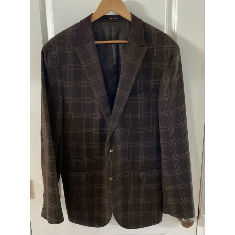 Gio Matto Wool Sport Coat 40R‎ Brown Plaid Blazer Suede Collar Elbow Patches